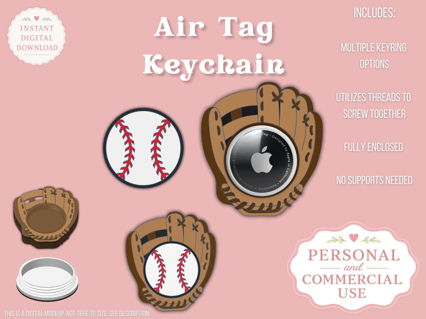 Baseball Glove with Baseball - AirTag Holder - Digital File