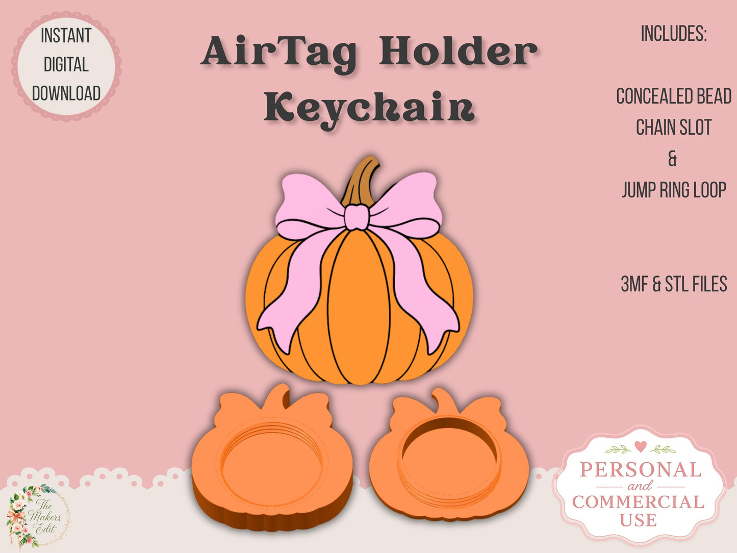 AirTag Holder Keychain | Pumpkin Coquette | STL 3MF