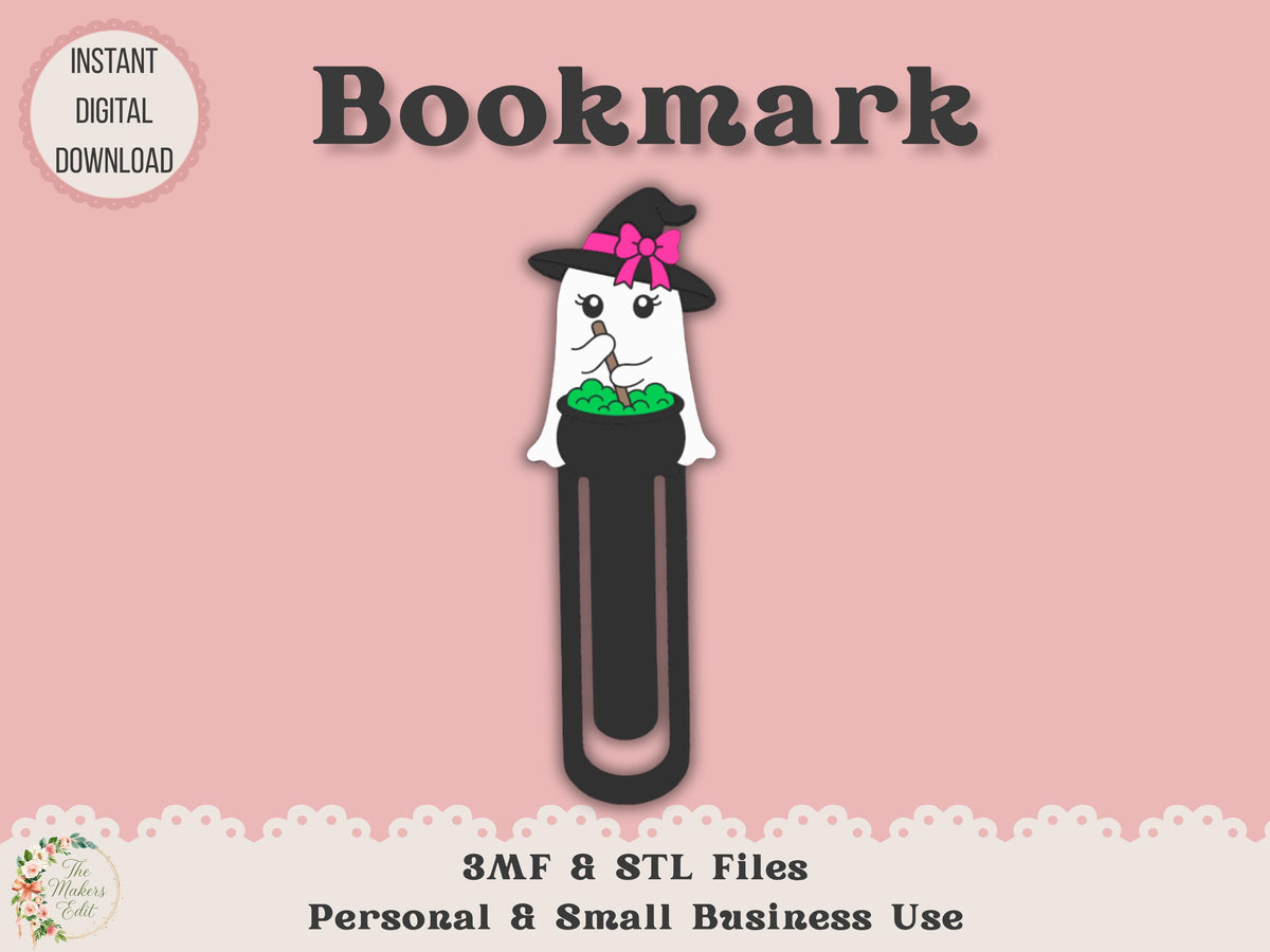 Bookmark 3D Printer File | Ghost Witch Cauldron STL 3MF