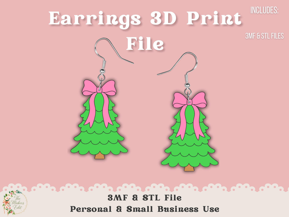 Earrings 3D Printer File | Coquette Christmas Tree STL 3MF