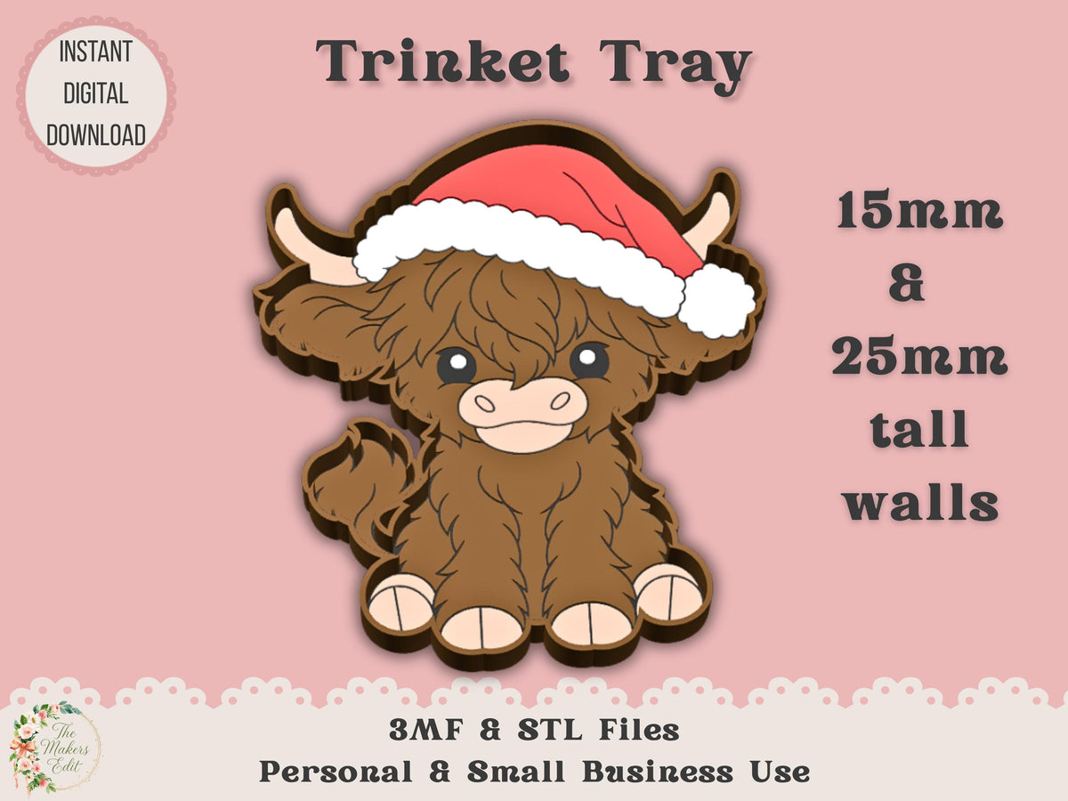 Trinket Dish 3D Printer File | Highland Cow Santa Hat STL 3MF