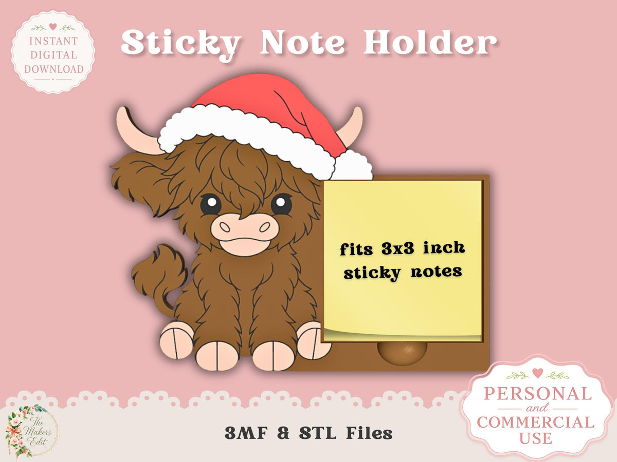 Sticky Note Holder 3D Printer File | Highland Cow Santa Hat STL 3MF