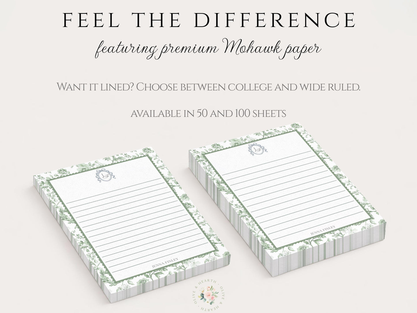 Personalized Floral Notepad | 5x7 Custom Notepad | Sage Green Toile Flowers