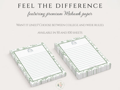 Personalized Floral Notepad | 5x7 Custom Notepad | Sage Green Toile Flowers