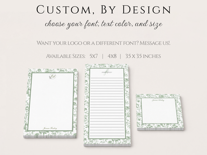 Personalized Floral Notepad | 5x7 Custom Notepad | Sage Green Toile Flowers