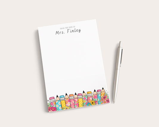 Teacher Notepad | Personalized Notepad | Bright Floral Pencils