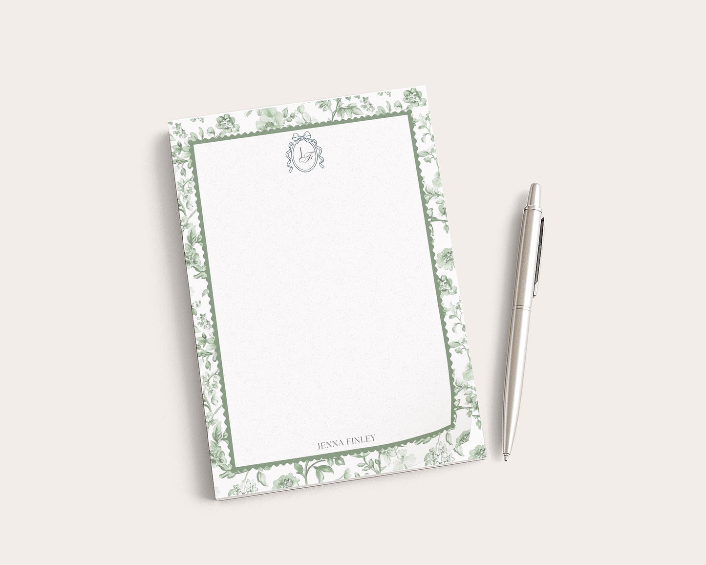 Personalized Floral Notepad | 5x7 Custom Notepad | Sage Green Toile Flowers