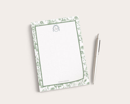 Personalized Floral Notepad | 5x7 Custom Notepad | Sage Green Toile Flowers
