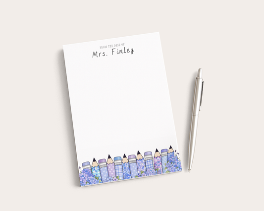 Teacher Notepad | Personalized Notepad | Blue Floral Pencils