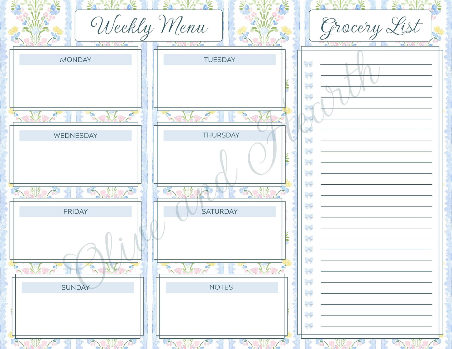 Weekly Menu & Grocery List Magnetic Notepad Set | 110 sheets | Blue | Floral | Grandmillennial Style | Mother's Day Gift Idea