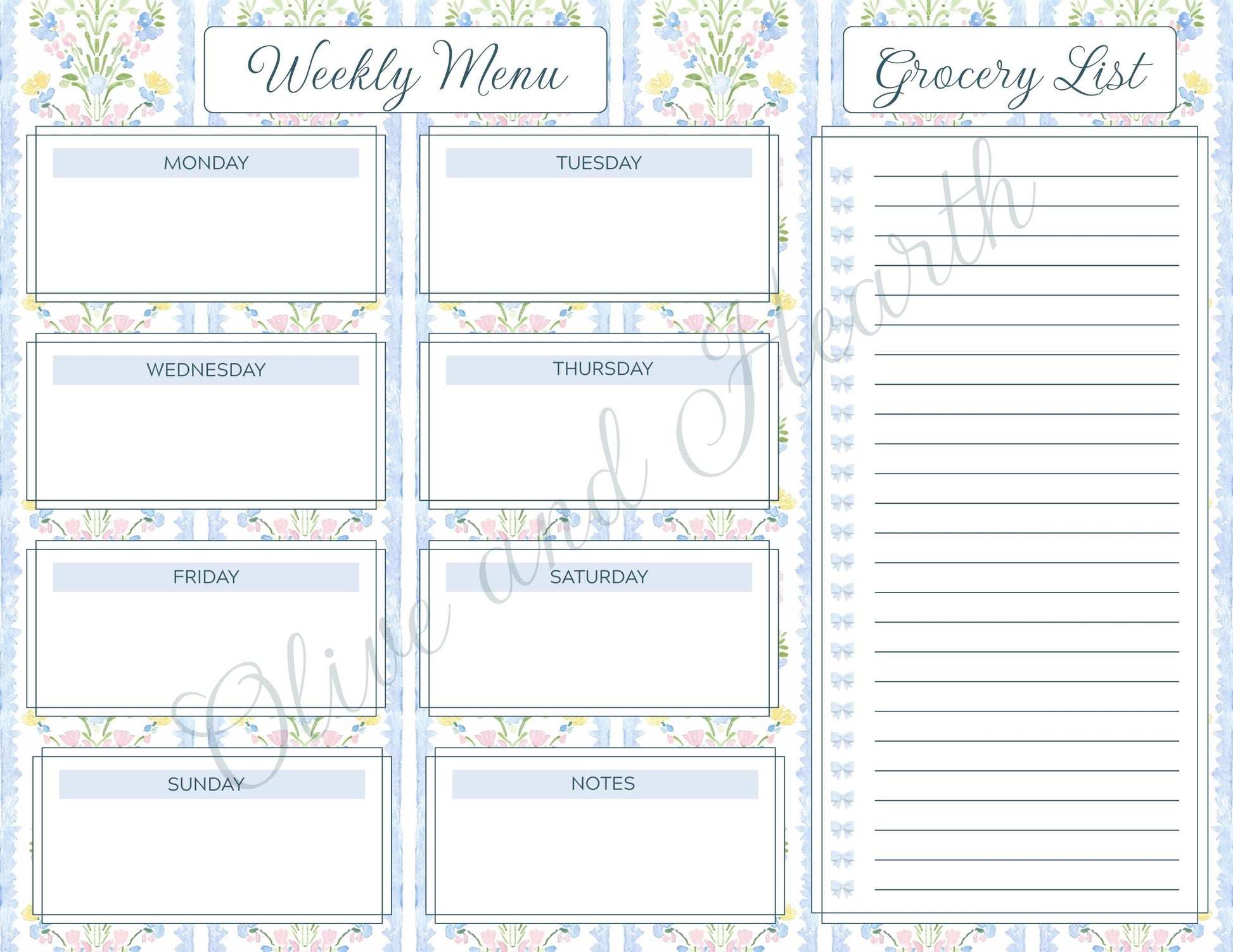 Weekly Menu & Grocery List Magnetic Notepad Set | 110 sheets | Blue | Floral | Grandmillennial Style | Mother's Day Gift Idea