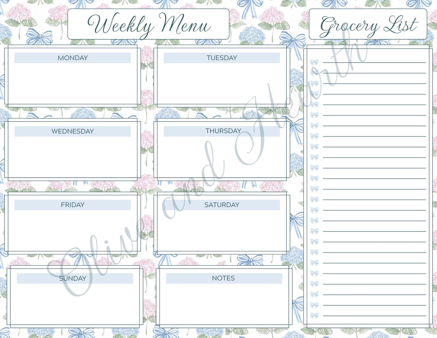 Weekly Menu & Grocery List Magnetic Notepad Set | 110 sheets | Blue | Floral | Grandmillennial Style | Mother's Day Gift Idea