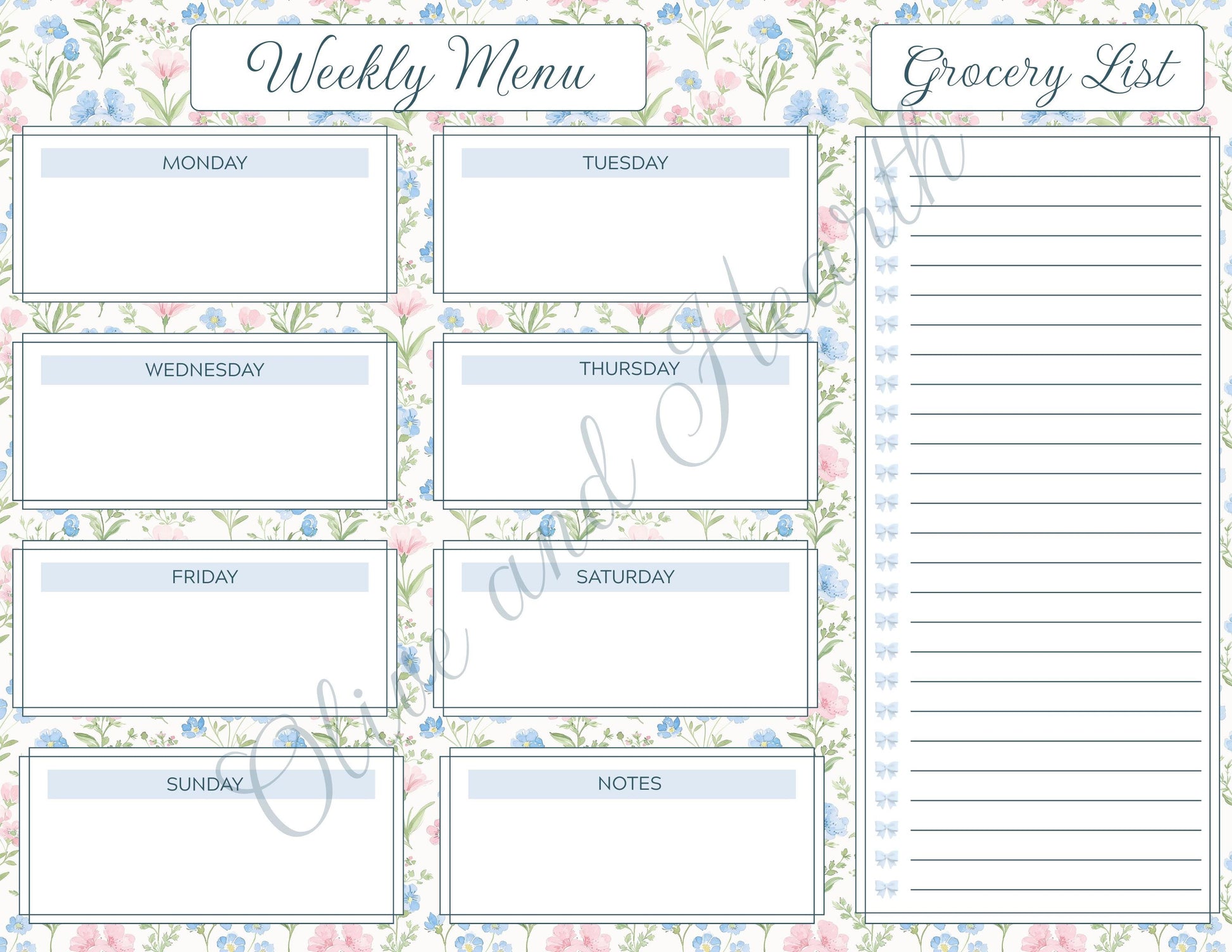 Weekly Menu & Grocery List Magnetic Notepad Set | 110 sheets | Blue | Floral | Grandmillennial Style | Mother's Day Gift Idea