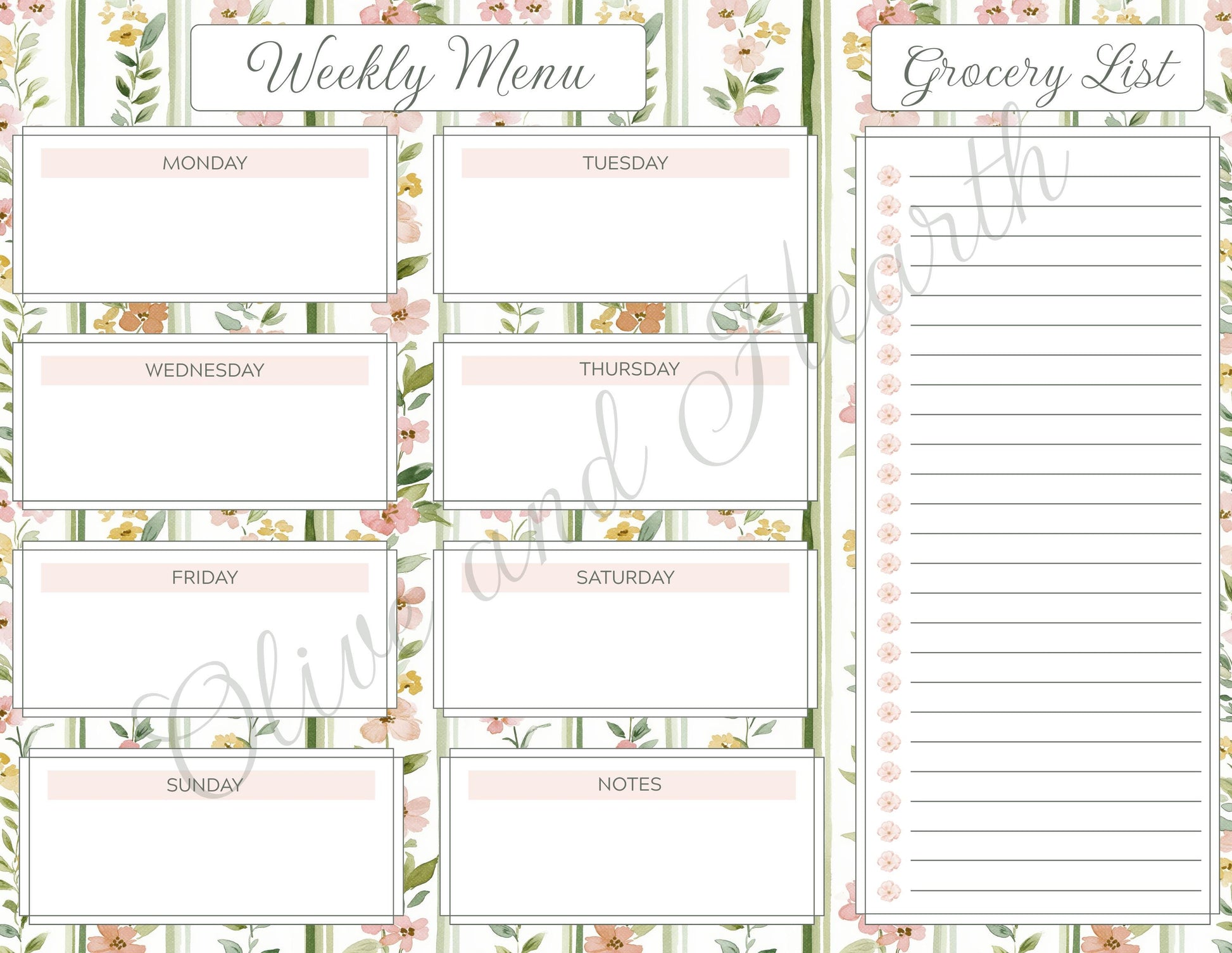 Floral Magnetic Weekly Menu & Grocery List Notepad Set | Sage Green | Dusty Pink | 110 Pages | Mother's Day Gift Idea