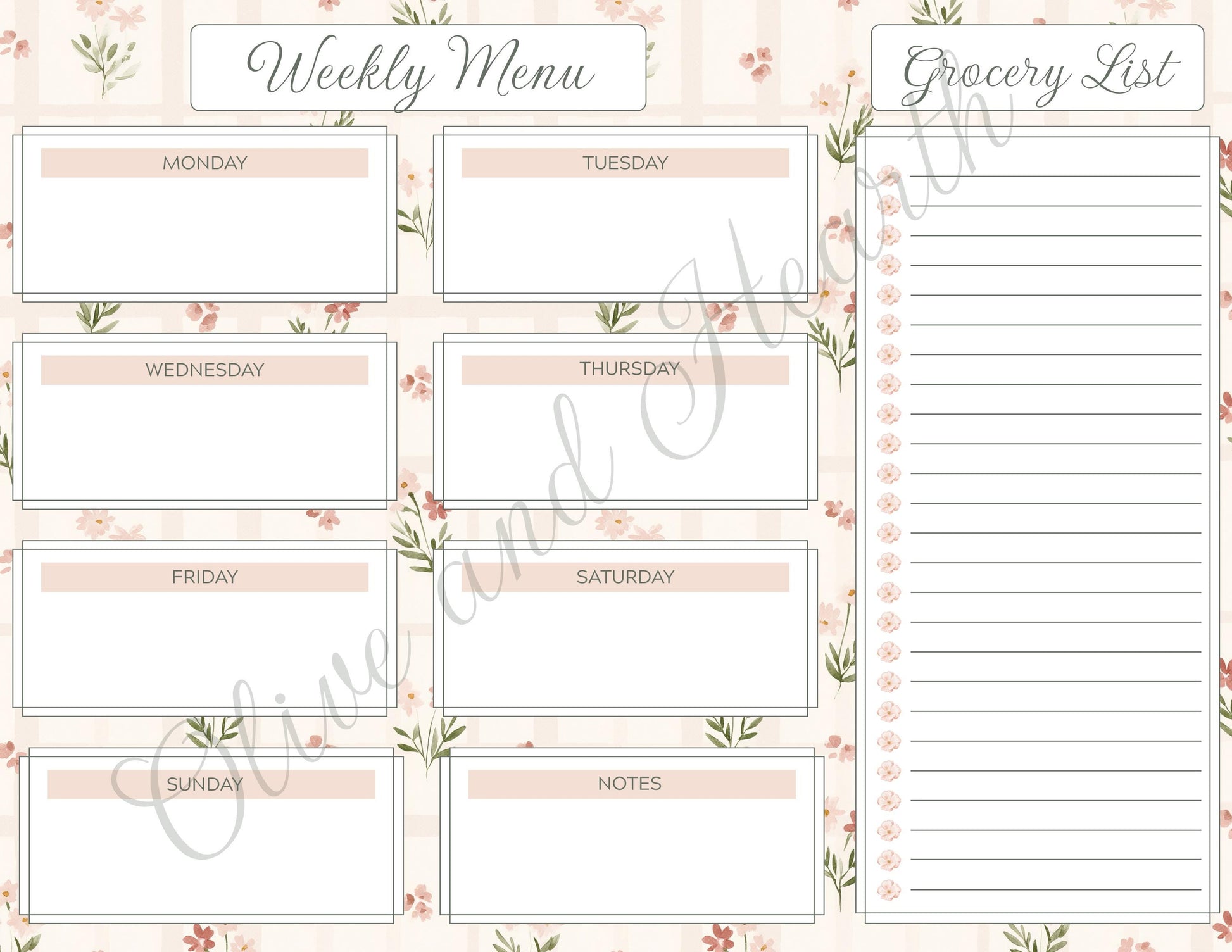 Floral Magnetic Weekly Menu & Grocery List Notepad Set | Sage Green | Dusty Pink | 110 Pages | Mother's Day Gift Idea