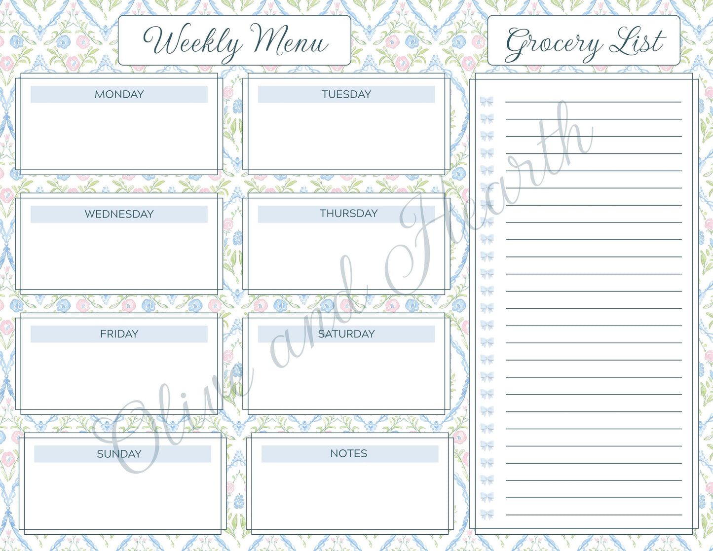 Weekly Menu & Grocery List Magnetic Notepad Set | 110 sheets | Blue | Floral | Grandmillennial Style | Mother's Day Gift Idea