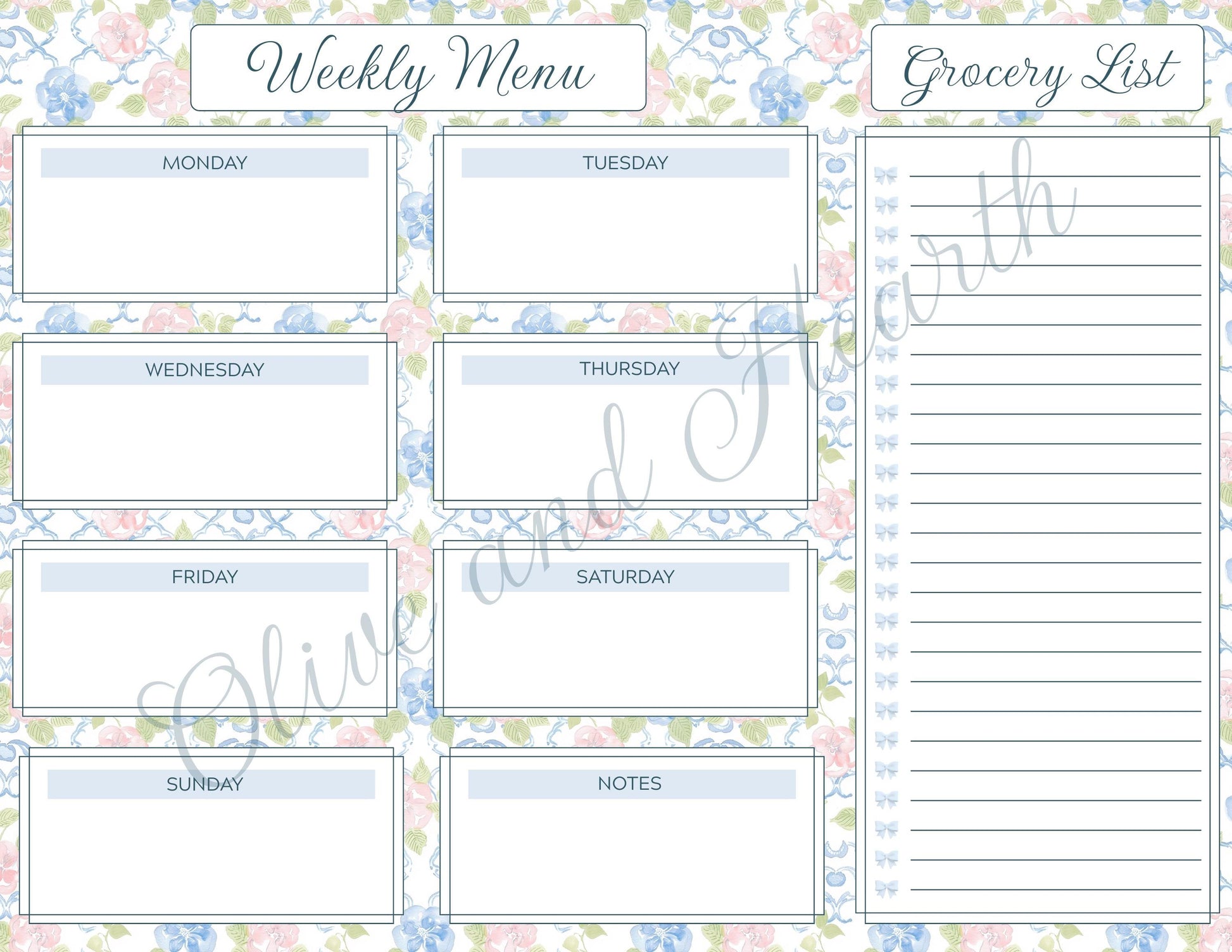 Weekly Menu & Grocery List Magnetic Notepad Set | 110 sheets | Blue | Floral | Grandmillennial Style | Mother's Day Gift Idea