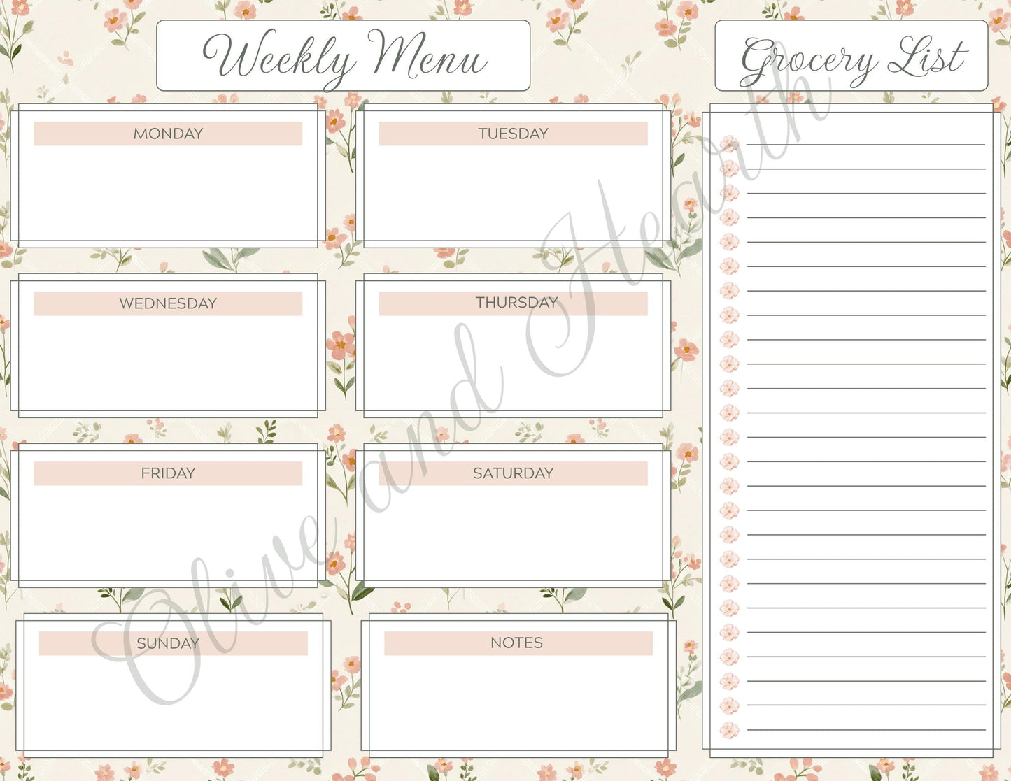 Floral Magnetic Weekly Menu & Grocery List Notepad Set | Sage Green | Dusty Pink | 110 Pages | Mother's Day Gift Idea