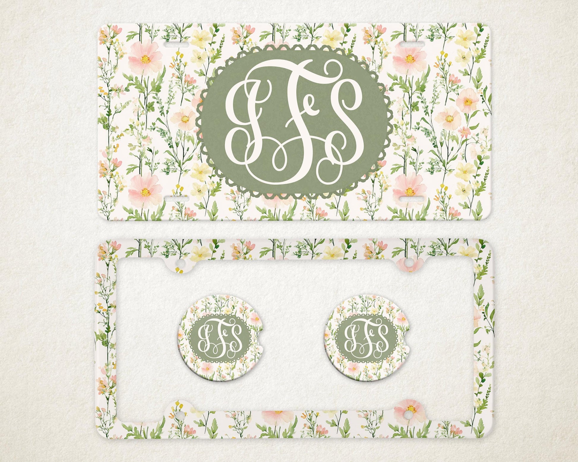Personalized Car Accessories Set | Front License Plate, License Plate Frame, and Coasters | Mother's Day Gift Idea