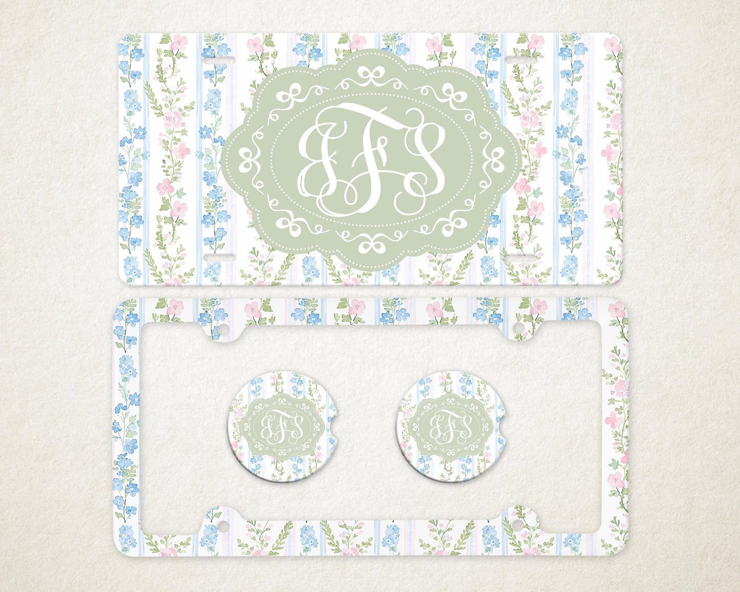 Personalized Car Accessories Set | Front License Plate, License Plate Frame, and Coasters | Mother's Day Gift Idea