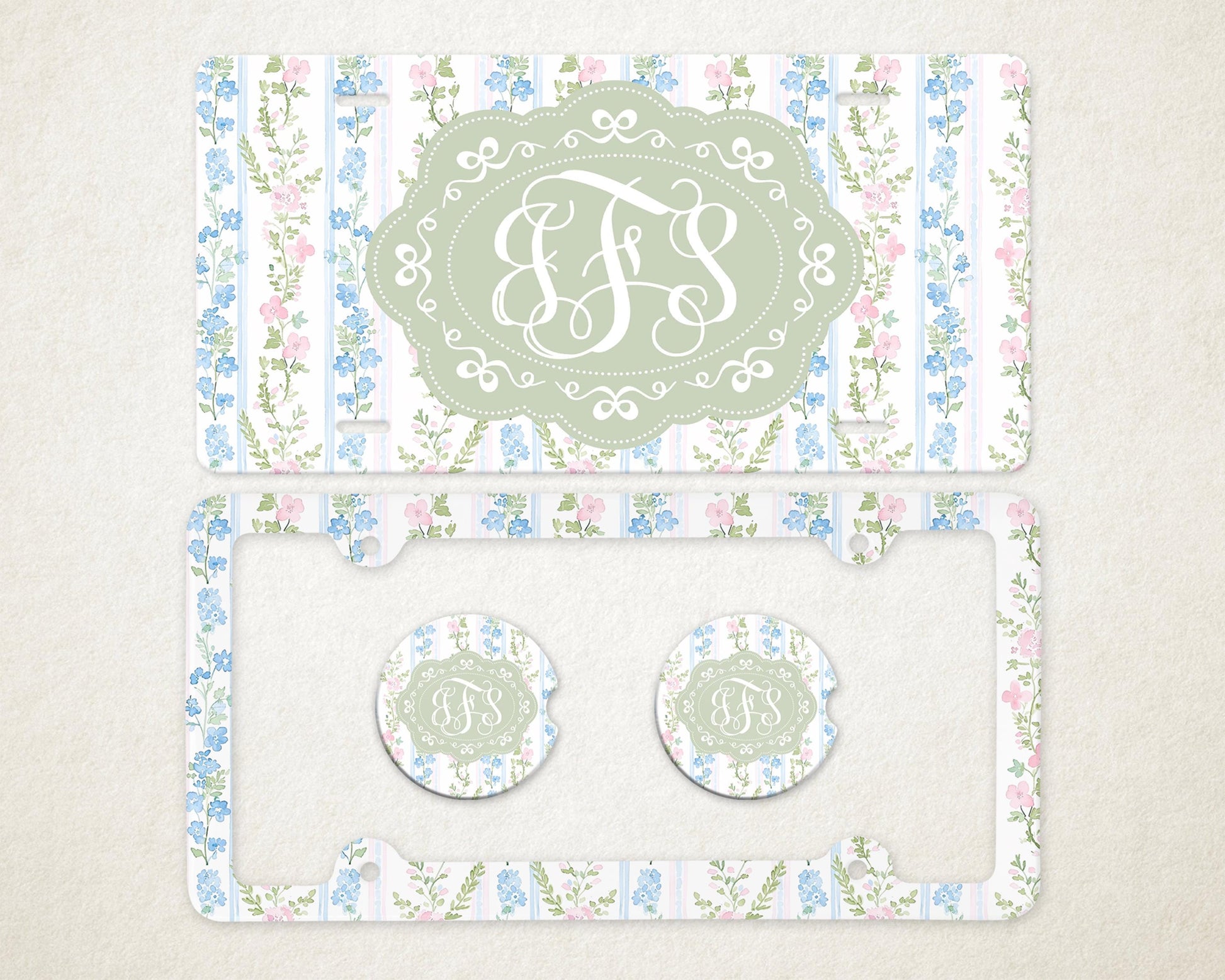 Personalized Car Accessories Set | Front License Plate, License Plate Frame, and Coasters | Mother's Day Gift Idea
