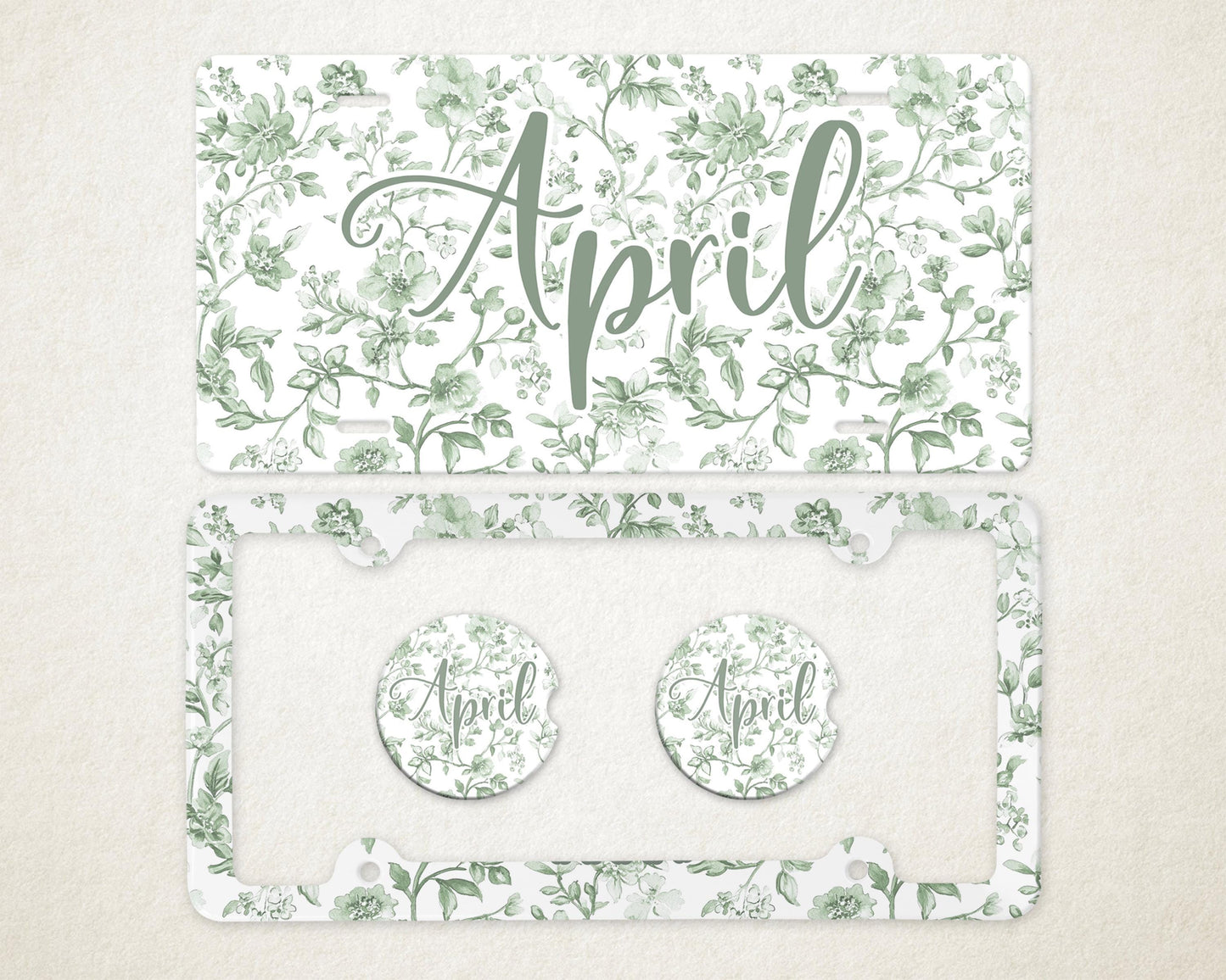Personalized Car Accessories Set | Front License Plate, License Plate Frame, and Coasters | Mother's Day Gift Idea