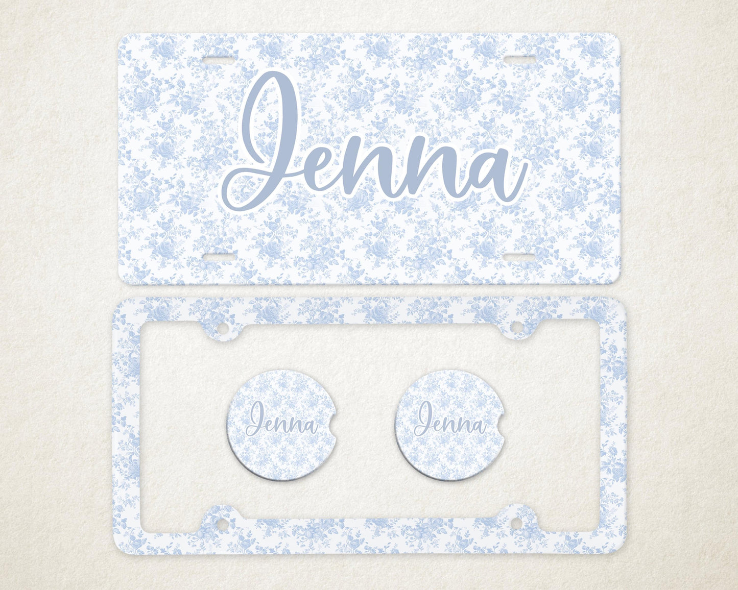 Personalized Car Accessories Set | Front License Plate, License Plate Frame, and Coasters | Mother's Day Gift Idea