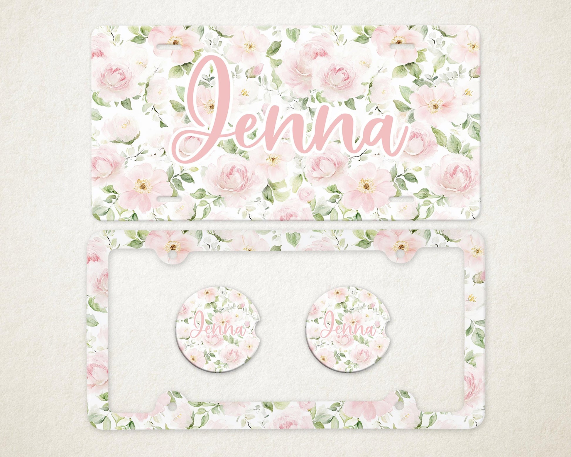 Personalized Car Accessories Set | Front License Plate, License Plate Frame, and Coasters | Mother's Day Gift Idea