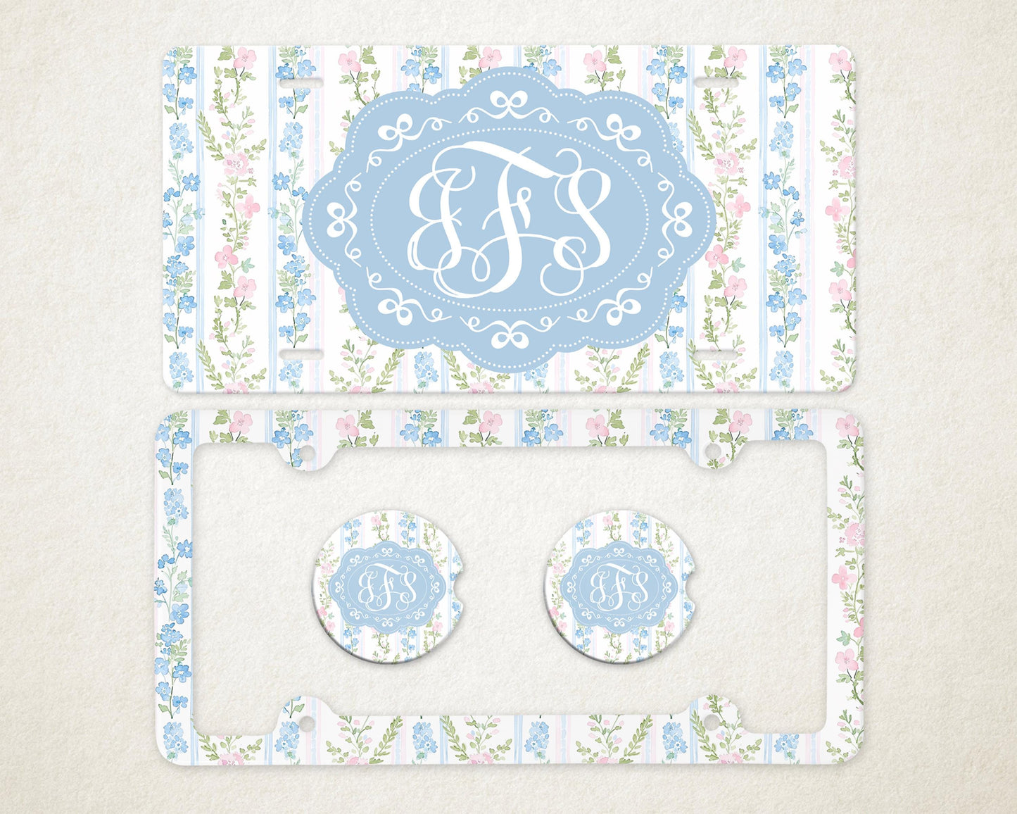 Personalized Car Accessories Set | Front License Plate, License Plate Frame, and Coasters | Mother's Day Gift Idea