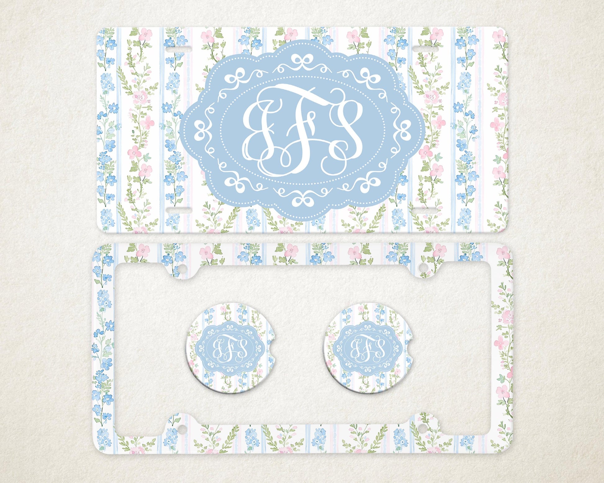 Personalized Car Accessories Set | Front License Plate, License Plate Frame, and Coasters | Mother's Day Gift Idea