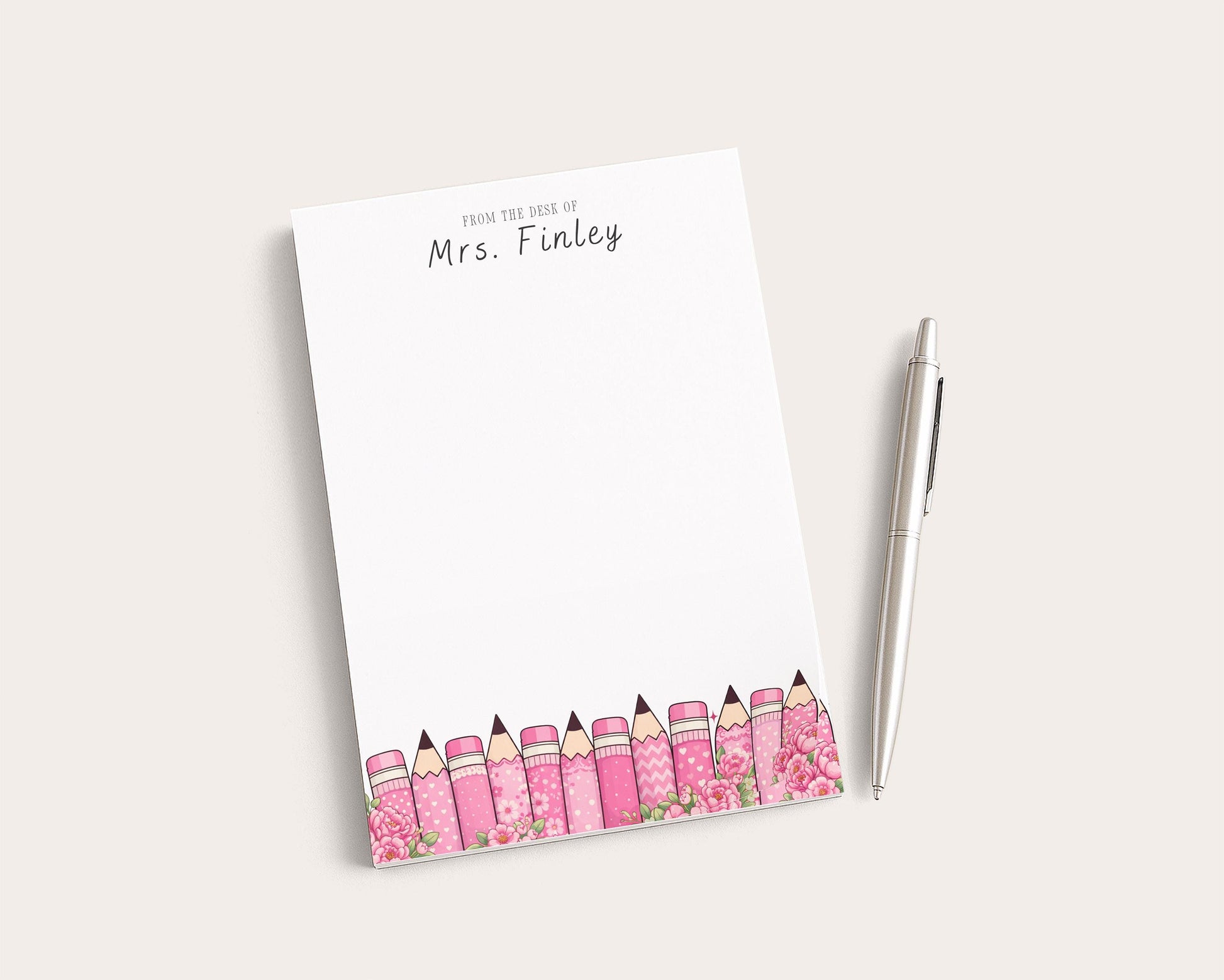 Personalized Teacher Notepad | Pink Floral Print Pencils | Teacher Appreciation Gift