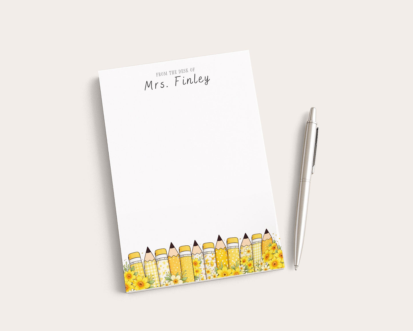 Personalized Teacher Notepad | Yellow Floral Print Pencils | Teacher Appreciation Gift