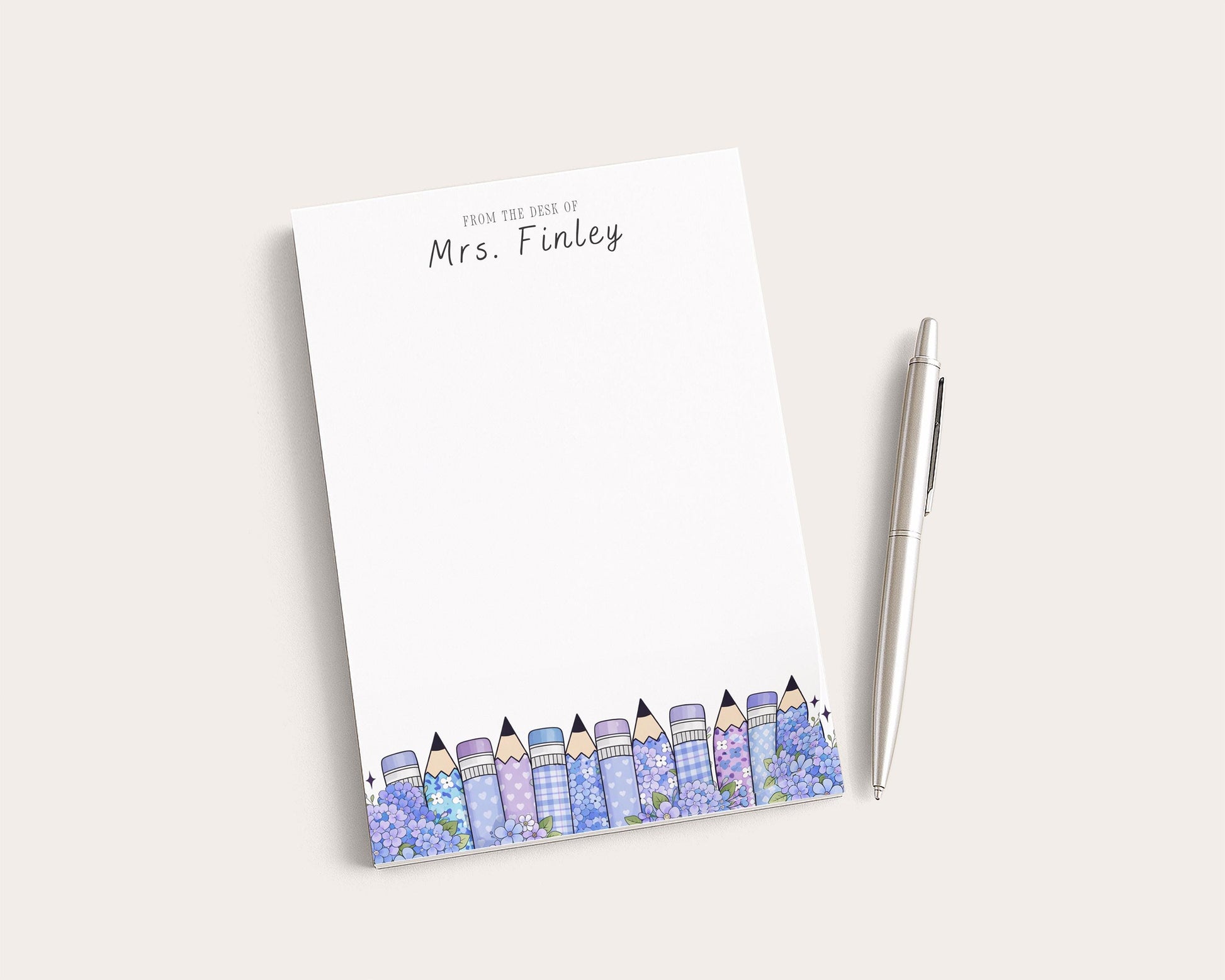 Personalized Teacher Notepad | Hydrangea Floral Print Pencils | Teacher Appreciation Gift