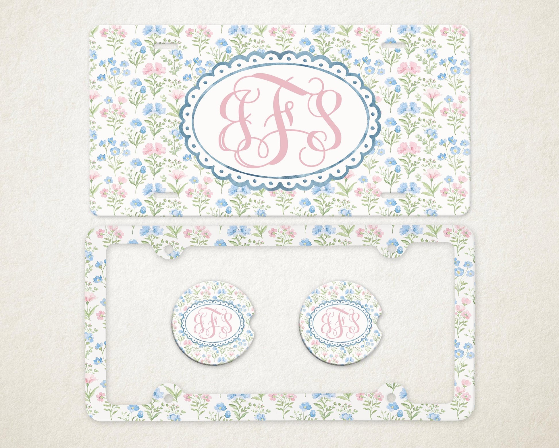Personalized Car Accessories Set | Front License Plate, License Plate Frame, and Coasters | Mother's Day Gift Idea