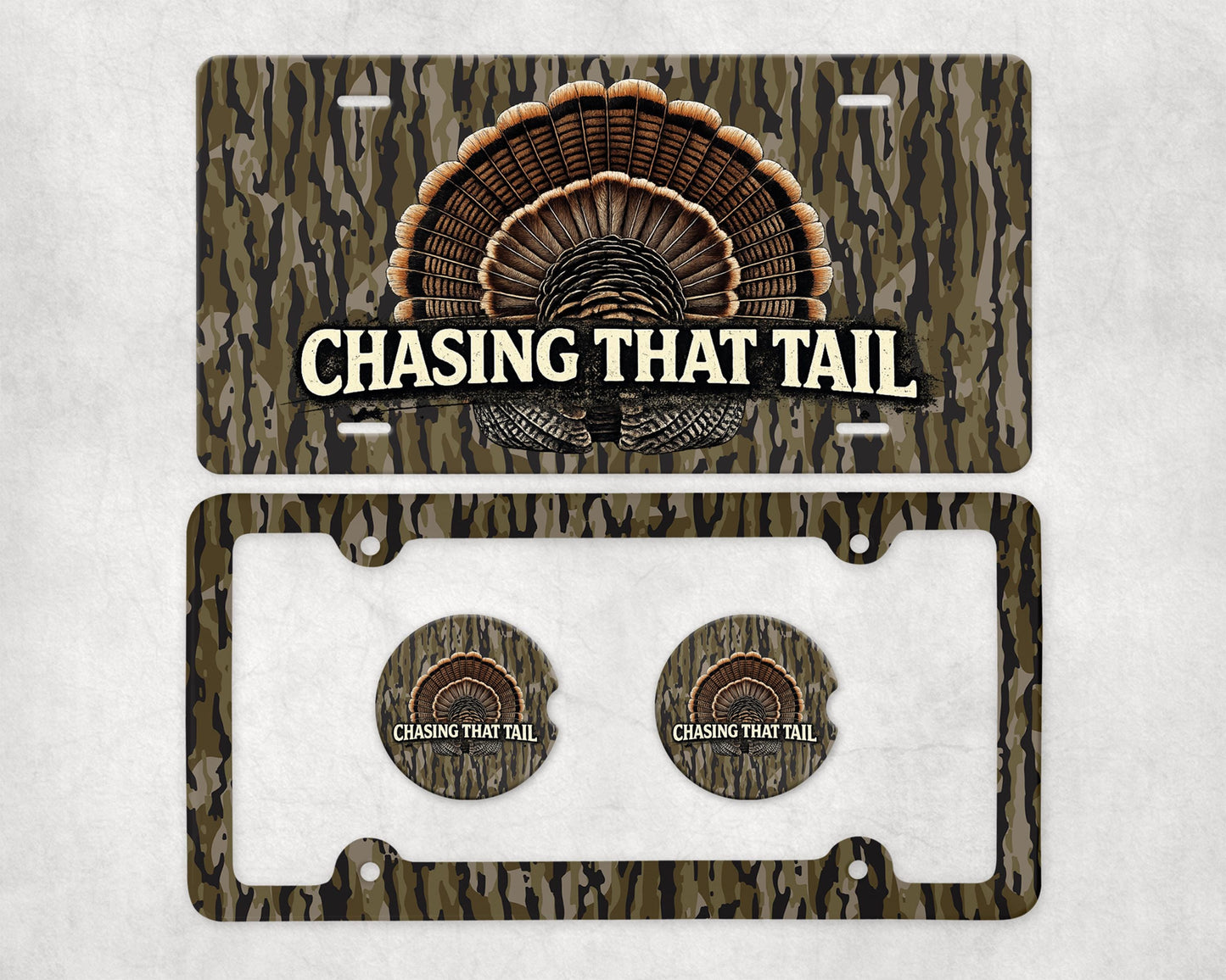 May include: A license plate and car accessories set with a camouflage pattern. The license plate features a turkey tail design and the text "CHASING THAT TAIL". The set includes a license plate frame and two matching car coasters.