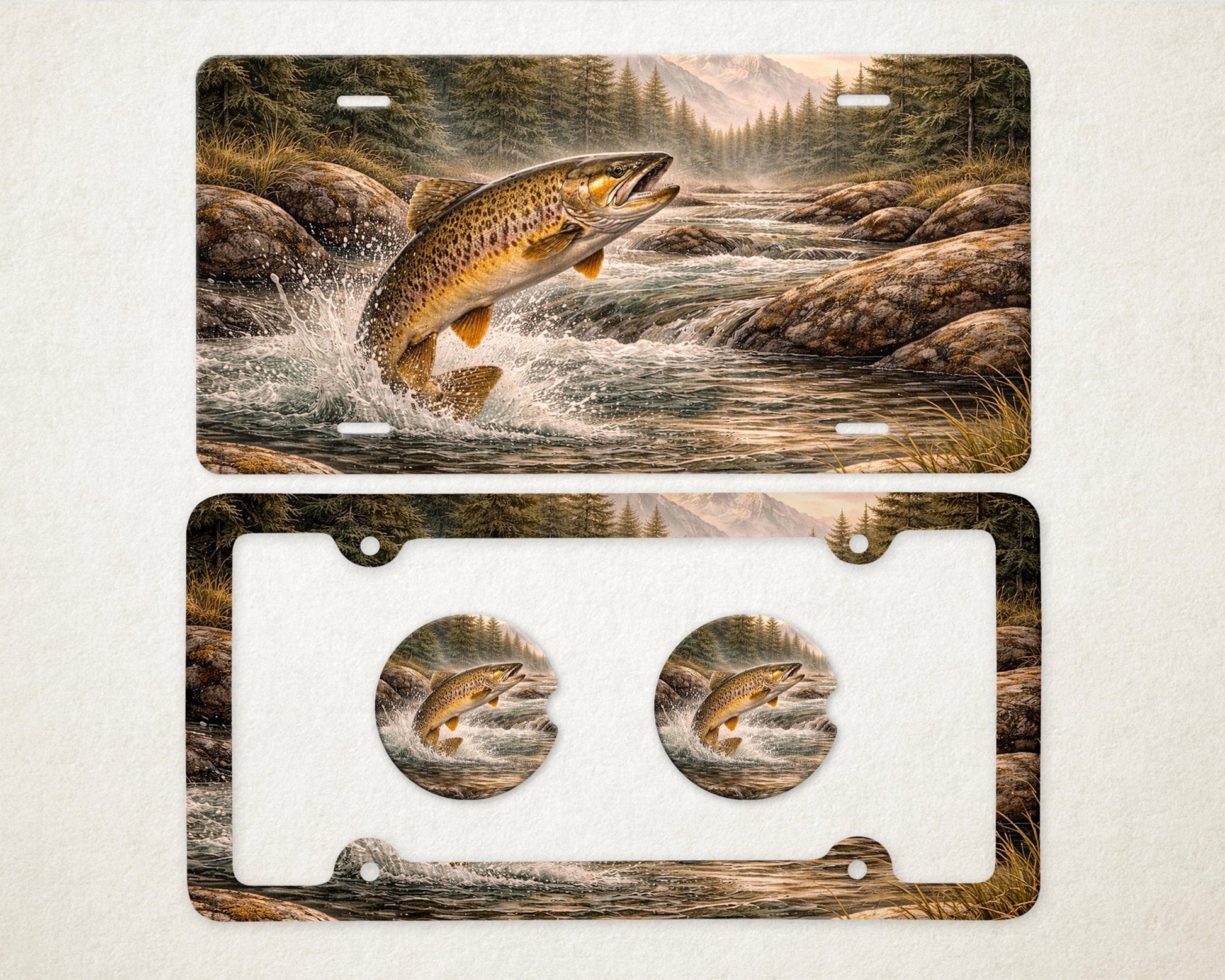May include: License plate and frame set featuring a leaping brown trout in a river scene. The design includes a matching car coaster set. The artwork depicts a detailed landscape with trees, water, and mountains.