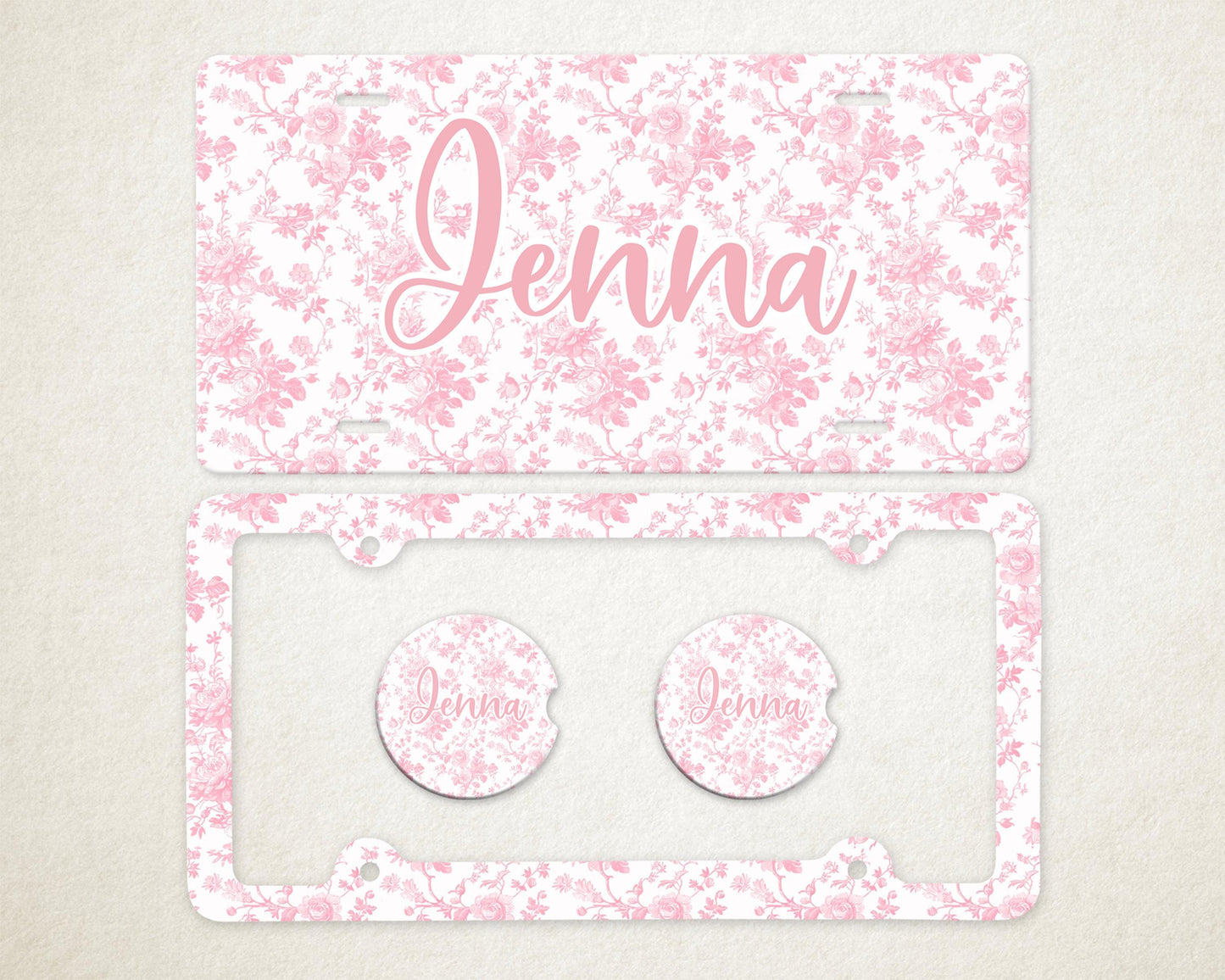 Personalized Car Accessories Set | Front License Plate, License Plate Frame, and Coasters | Mother's Day Gift Idea
