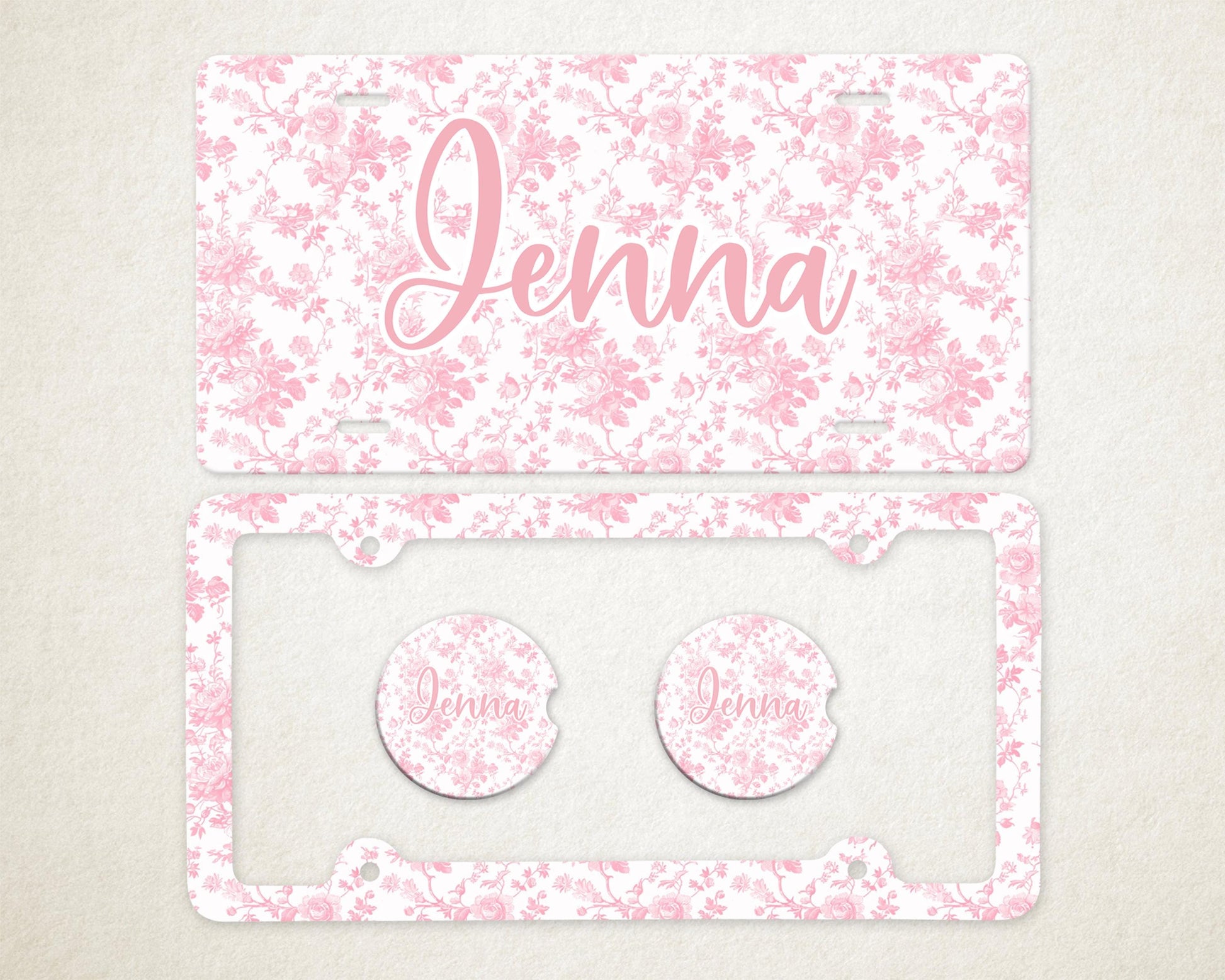 Personalized Car Accessories Set | Front License Plate, License Plate Frame, and Coasters | Mother's Day Gift Idea