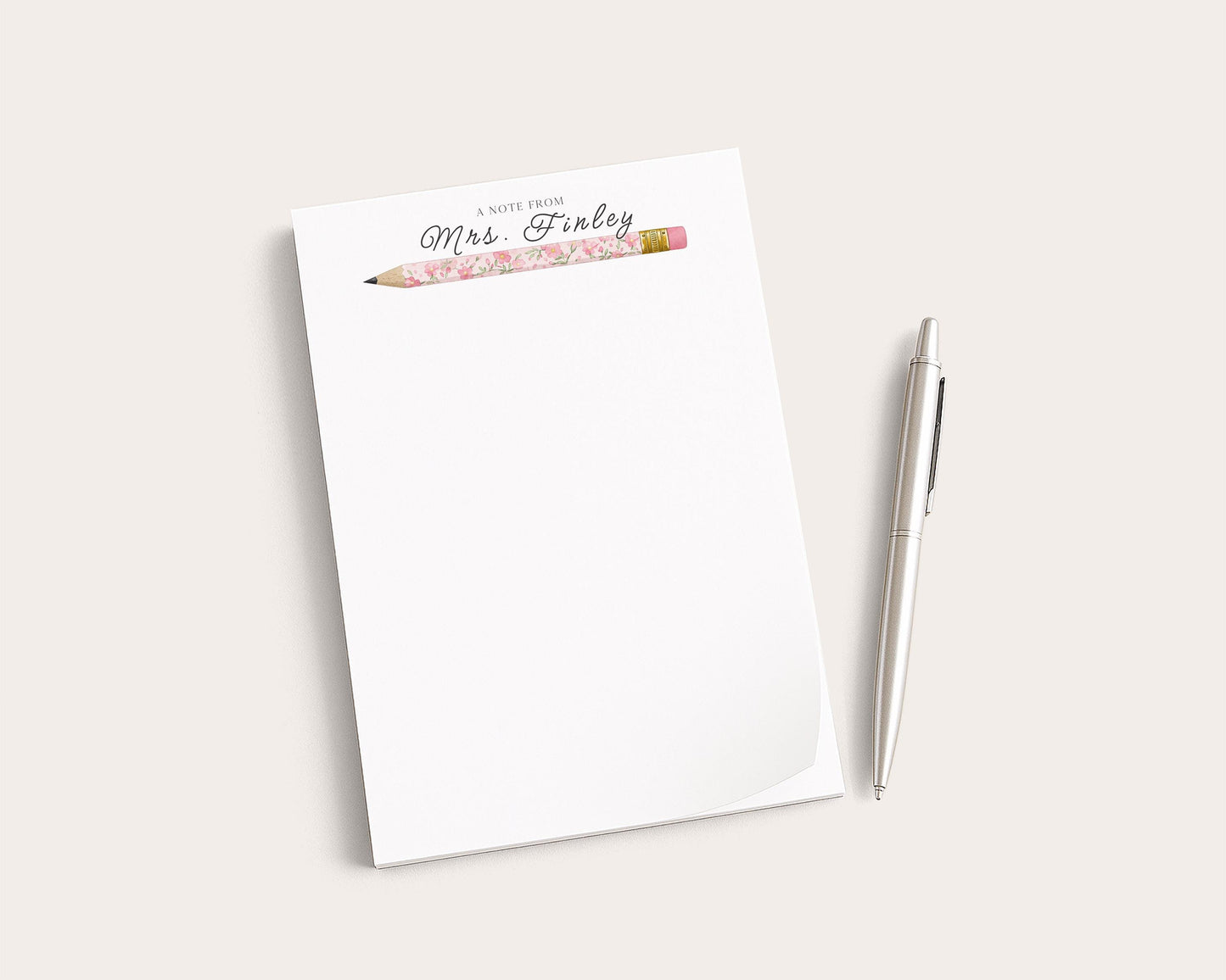 Personalized Teacher Notepad | Pink Floral Print Pencils | Teacher Appreciation Gift