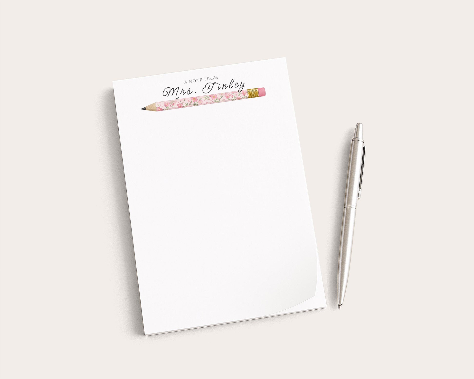 Personalized Teacher Notepad | Pink Floral Print Pencils | Teacher Appreciation Gift