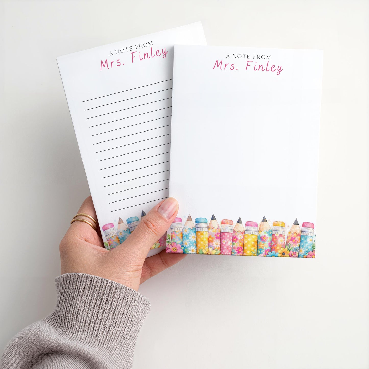 Personalized Teacher Notepad | Pink Floral Print Pencils | Teacher Appreciation Gift