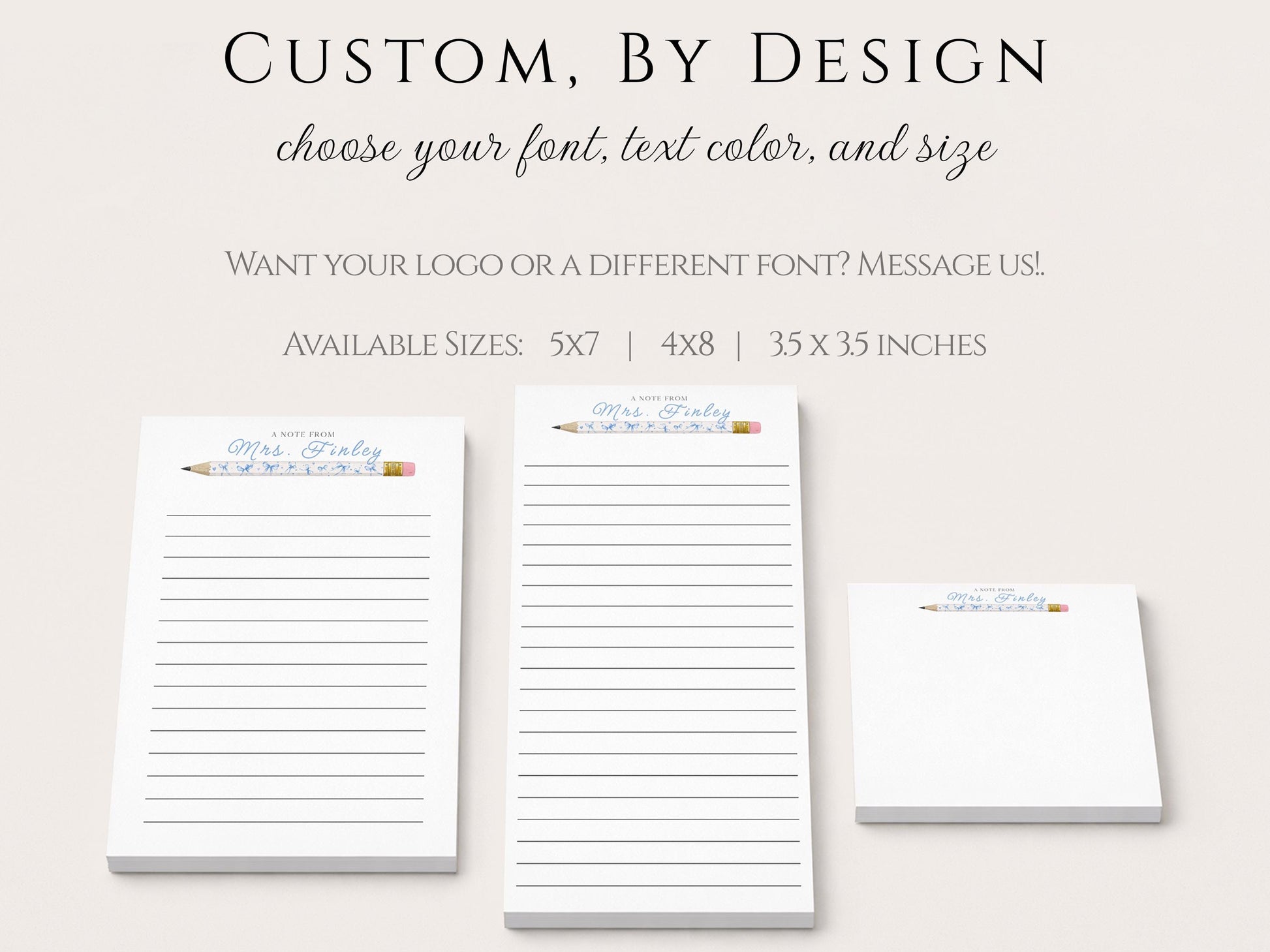 Personalized Teacher Notepad | Blue Bow Print Pencils | Teacher Appreciation Gift