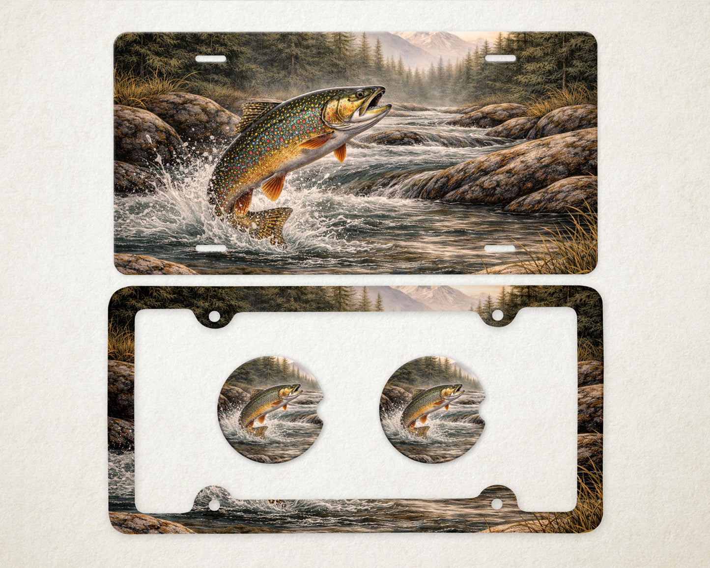 May include: License plate and car coaster set featuring a leaping trout in a river scene. The license plate has a rectangular shape with a detailed illustration of a fish jumping out of the water. The car coasters have a circular shape with the same trout image.