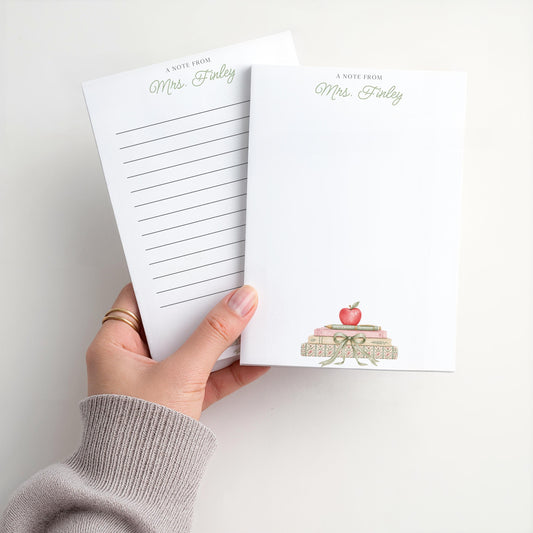 Personalized Teacher Notepad | Sage Green Bow Book Pile | Teacher Appreciation Gift