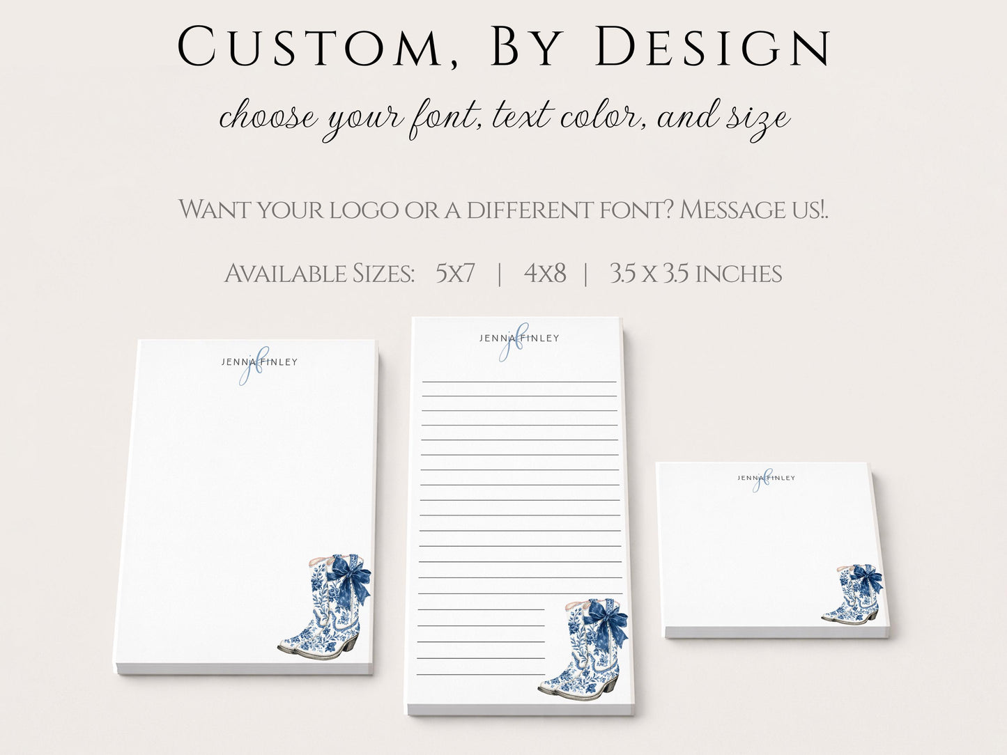 Personalized Floral Notepad | Blue Flower Cowgirl Boots | Coquette Bow | Mother's Day Gift Idea