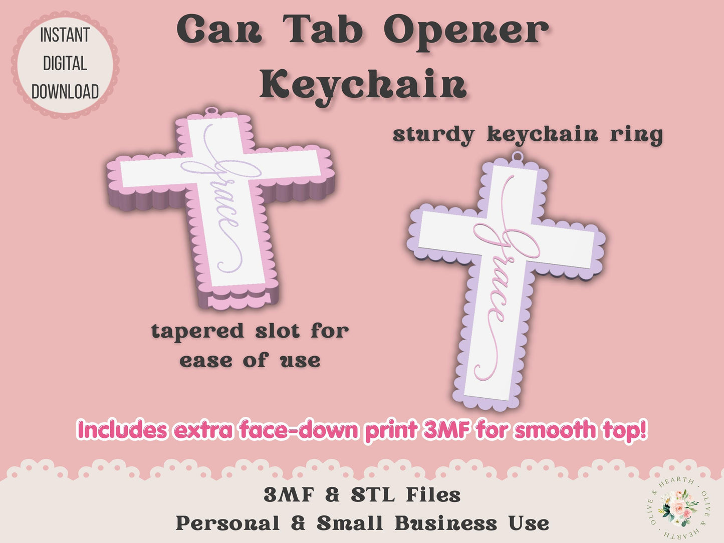 Soda Can Tab Opener Keychain 3D Printer File | Scalloped Cross | Grace | STL 3MF | Commercial Use | Nail Saver Keychain