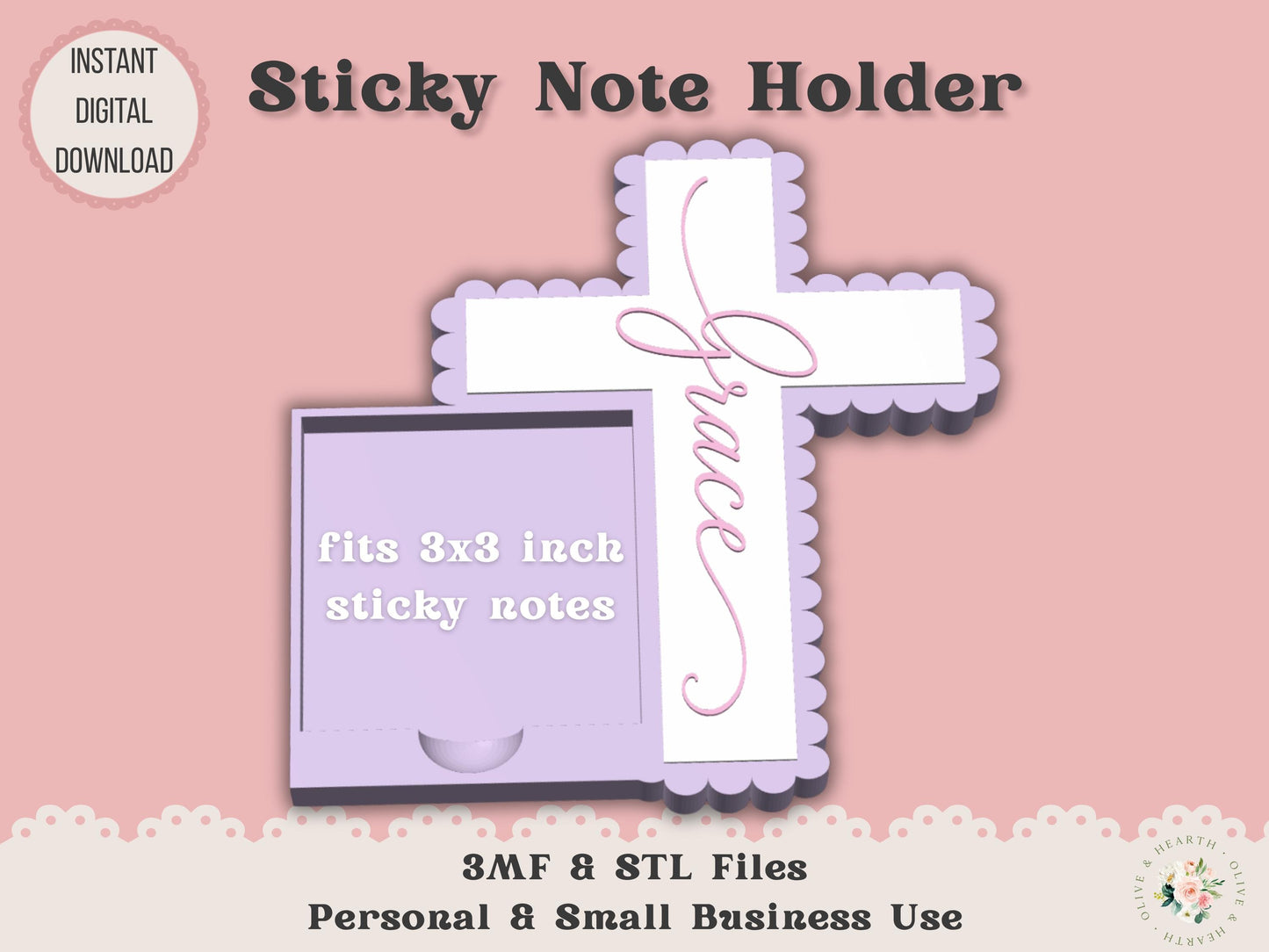 Sticky Note Holder 3D Printer File | Scalloped Cross | STL 3MF | Commercial Use | Desk Organizer