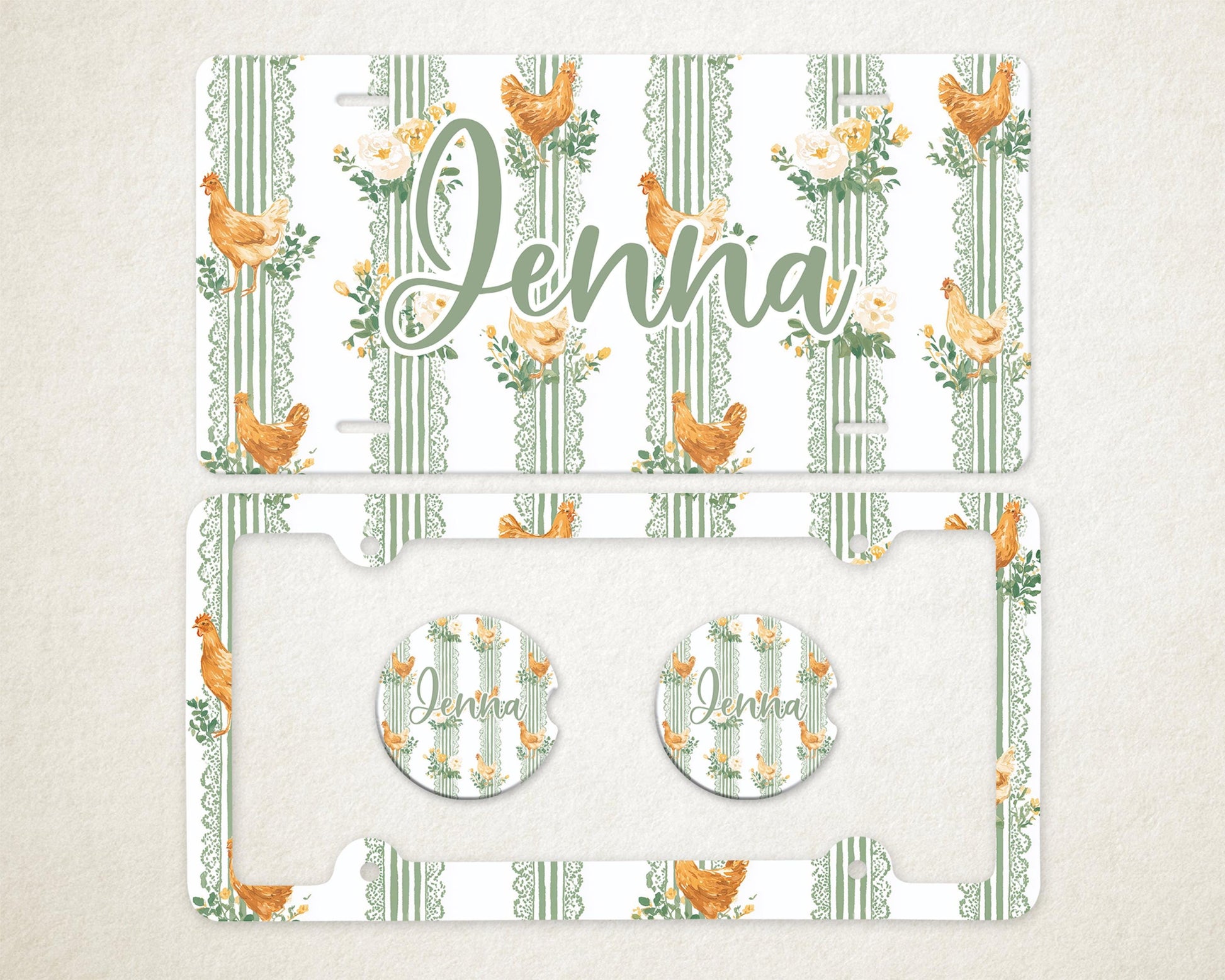 Personalized Car Accessories Set | Front License Plate, License Plate Frame, and Coasters | Mother's Day Gift Idea