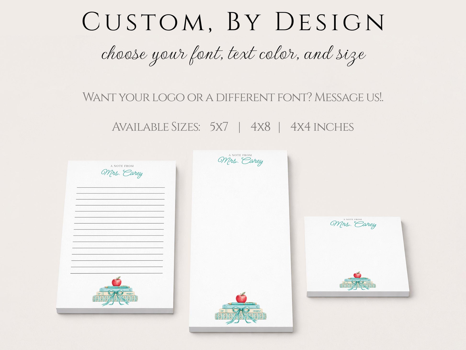 Personalized Teacher Notepad | Turquoise Bow Book Pile | Teacher Appreciation Gift