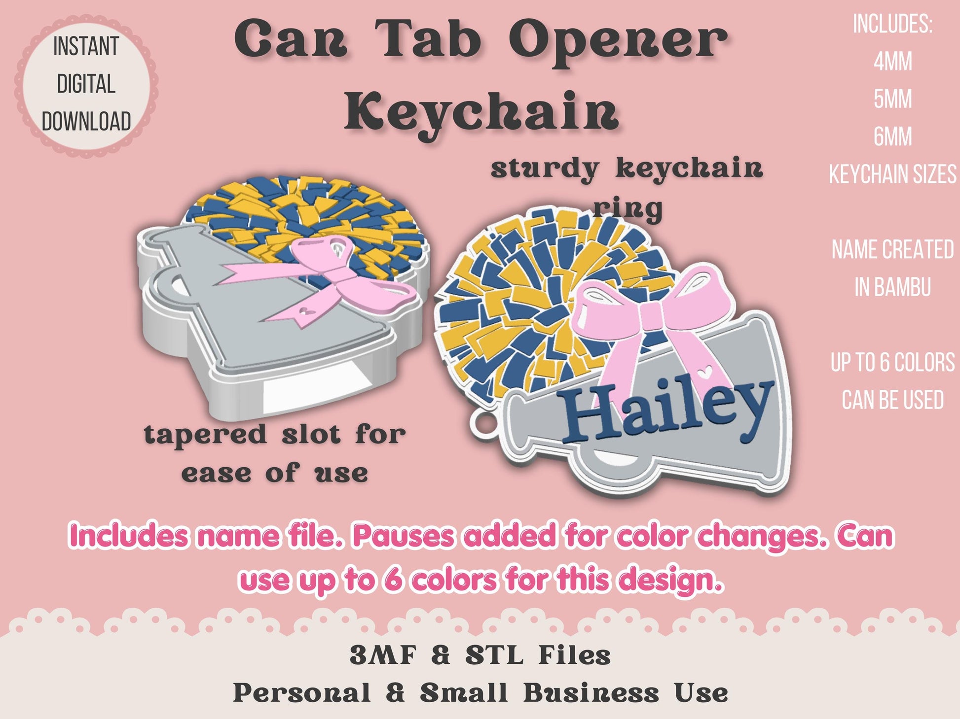 Soda Can Tab Opener Keychain 3D Printer File | Cheer Cone PomPoms Bow | STL 3MF | Commercial Use | Nail Saver Keychain